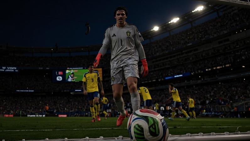 Trionda, bola da Copa do Mundo FIFA em primeiro plano, exibindo os logos da FIFA e da marca Trionda. Ao fundo, o skyline de Nova York com o One World Trade Center visível sob céu azul.