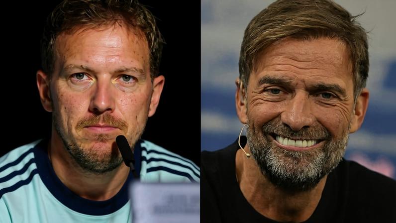 Montagem de fotos mostra Julian Nagelsmann, ex-técnico da Alemanha, e Jürgen Klopp, com quem a federação do país negocia para assumir o cargo