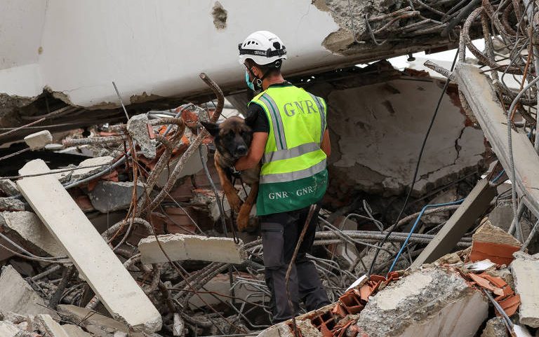 Socorrista carrega um cachorro entre os escombros de um prédio que desabou após os terremotos de 24 de junho em Caraballeda, no estado de La Guaira