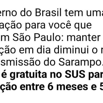 Ministério da Saúde envia alertas sobre vacinação contra sarampo em SP
