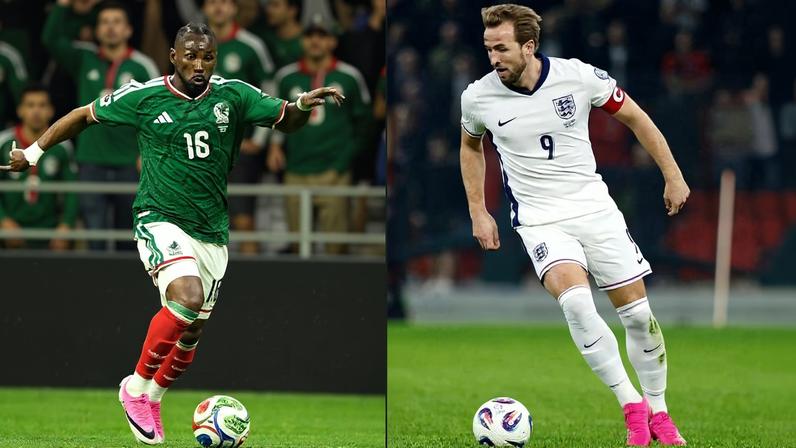 O mexicano Julian Quinones(à esq.) e o inglês Harry Kane, que se enfrentam nesta sexta (3), na Cidade do México