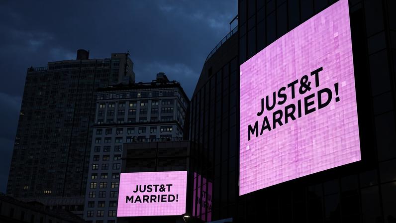 Telas no exterior da arena Madison Square Garden anunciam que Taylor Swift e Travis Kelce se casaram oficialmente