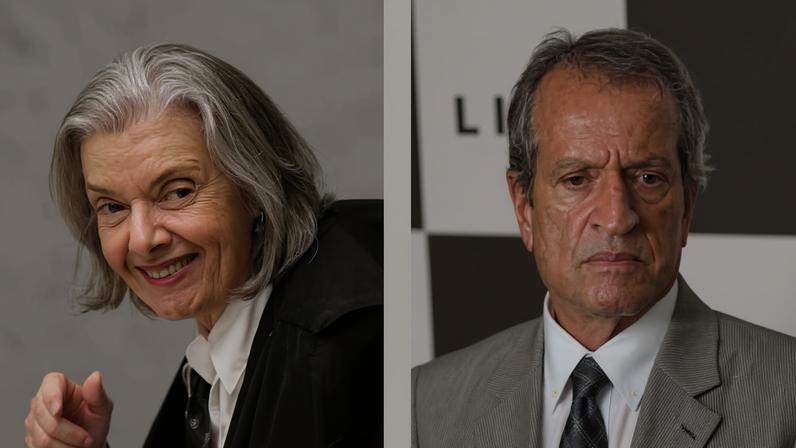Retratos em preto e branco lado a lado: à esquerda, mulher sorridente com cabelo grisalho e roupa formal, identificada como magistrada; à direita, homem sério de terno e gravata, identificado como PL. Setas indicam direções opostas entre as imagens.