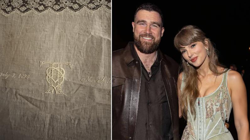 Lenço personalizado trazia o monograma do casal, formado por dois 'T' lado a lado e envolvidos por corações