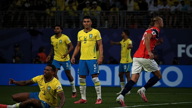 Erling Haaland, da Noruega, comemora seu primeiro gol contra o Brasil na Copa do Mundo 2026