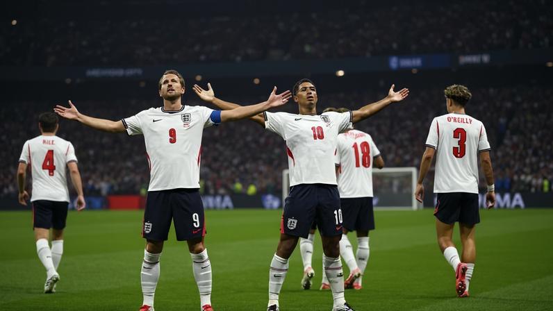 Bellingham (10) e Harry Kane (9), autores dos gols ingleses, comemoram o segundo gol de sua seleção no vitória deste domingo sobre o México, no estádio Azteca
