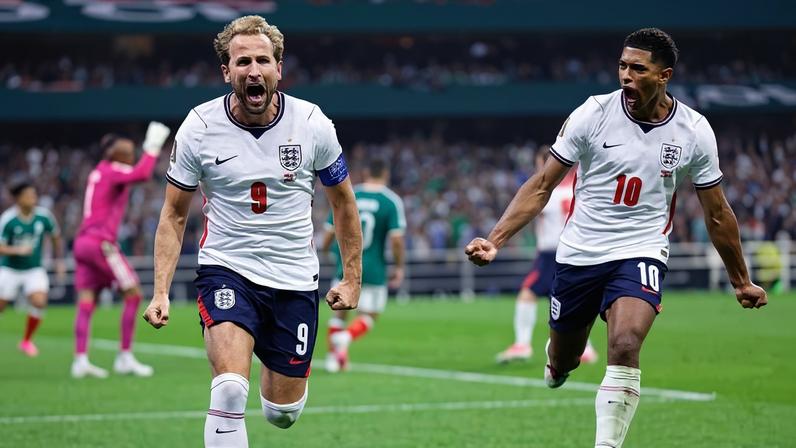 Harry Kane (9) comemora o seu gol com Bellingham, autor dos outros dois gols, na vitória inglesa sobre o México, neste domingo (5)