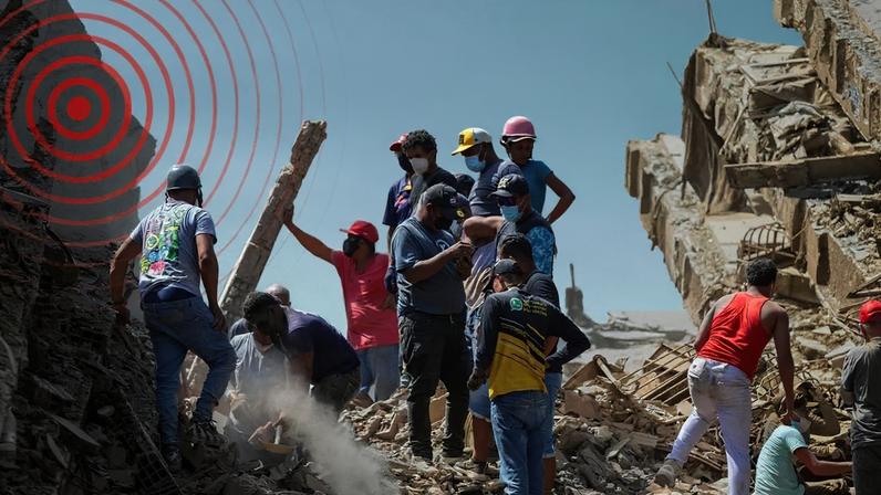 Uma montagem exibindo fotografias de operações de busca e resgate em meio aos escombros, com um mapa da Venezuela ao fundo.