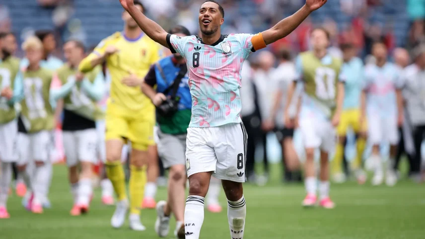 Youri Tielemans of Belgium celebrates the team's victory in the FIFA World Cup 2026 Round Of 32 match between Belgium and Senegal at Seattle Stadium on July 1.