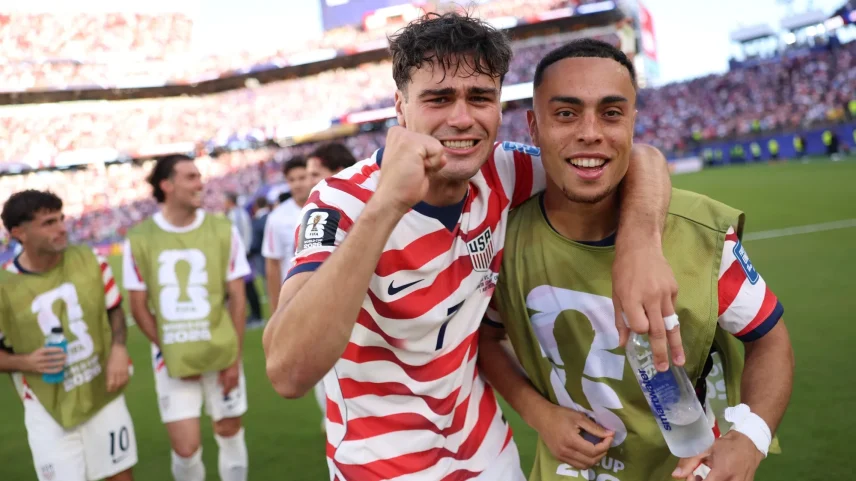 USA's Giovanni Reyna and Sergino Dest celebrate victory after the FIFA World Cup 2026 round of 32 match against Bosnia-Herzegovina at San Francisco Bay Area Stadium on July 1.