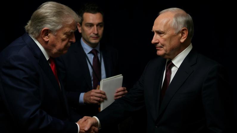 O presidente dos EUA, Donald Trump, cumprimenta o presidente russo, Vladimir Putin, antes de uma coletiva de imprensa conjunta após o encontro na Base Aérea Conjunta Elmendorf-Richardson, em Anchorage, Alasca, EUA, em 15 de agosto de 2025. Sputnik/Gavriil Grigorov/Pool via REUTERS