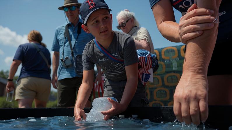 Pessoas buscam água durante o calor extremo na região de Washington , enquanto a Grande Feira Estadual Americana no National Mall, em Washington , DC, EUA, está temporariamente fechada devido ao calor, 3 de julho de 2026 — Foto: REUTERS/Cheney Orr