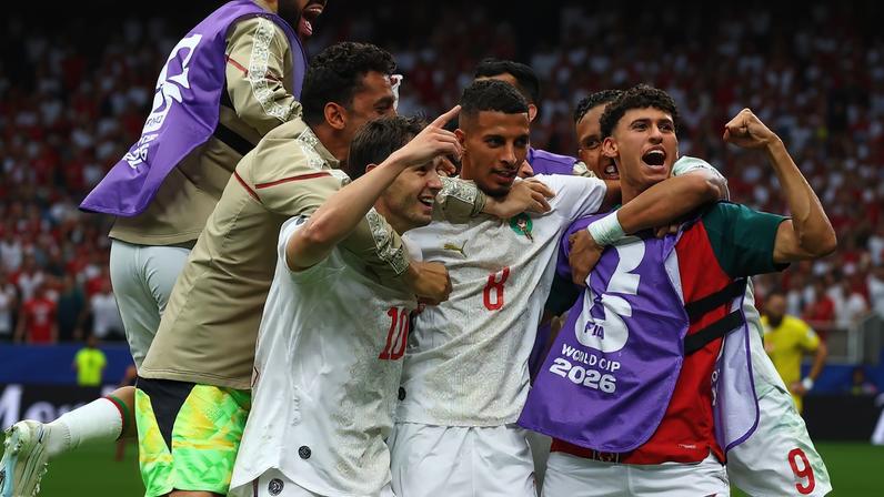 Soccer Football - FIFA World Cup 2026 - Round of 16 - Canada v Morocco - Houston Stadium, Houston, Texas, U.S. - July 4, 2026 Morocco's Azzedine Ounahi celebrates scoring their second goal with teammates REUTERS/Hannah Mckay