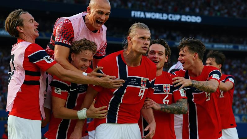 Norway's Erling Haaland celebrates scoring their second goal with teammates IMAGN IMAGES via Reuters/Vincent Carchietta TPX IMAGES OF THE DAY