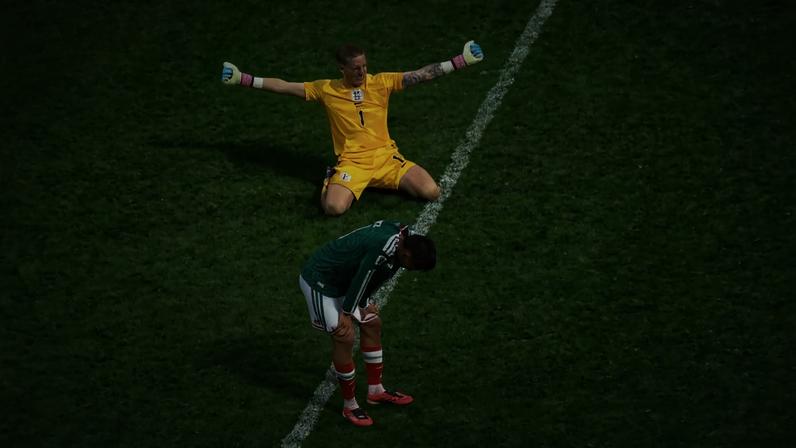 England goalkeeper Jordan Pickford celebrates at the end of a huge win in Mexico City