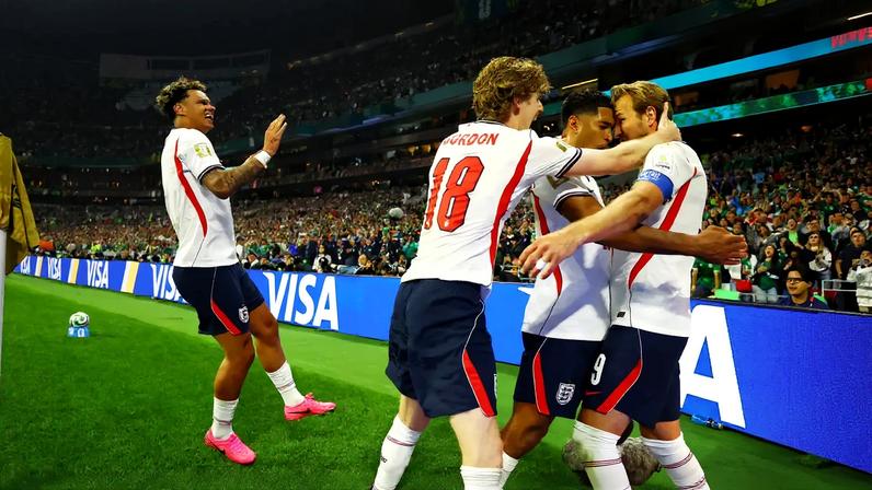 England's Harry Kane celebrates scoring their third goal with teammates