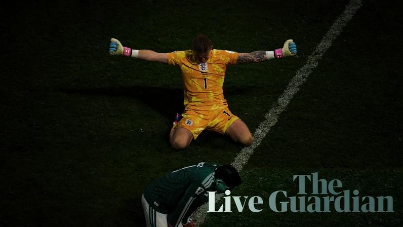 Jordan Pickford of England celebrates after the team's 3-2 victory over Mexico in the last 16 tie at the Azteca.