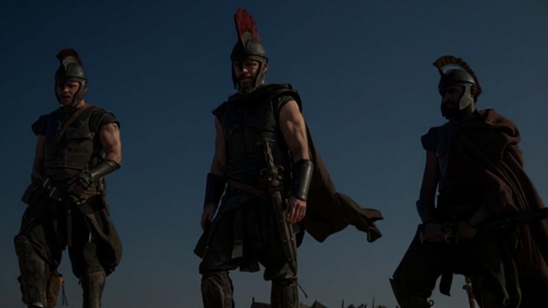 Jimmy Gonzales, Matt Damon and Himesh Patel in The Odyssey.