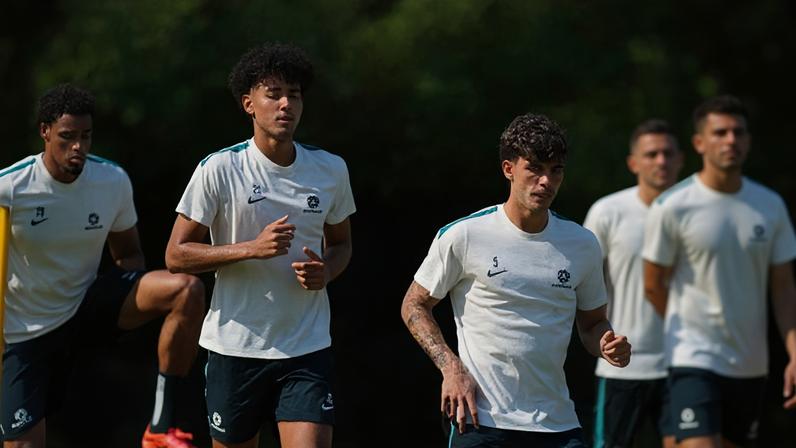 Lucas Herrington and Jordan Bos at Socceroos training. A World Cup knockout victory feels closer than ever for Australia.