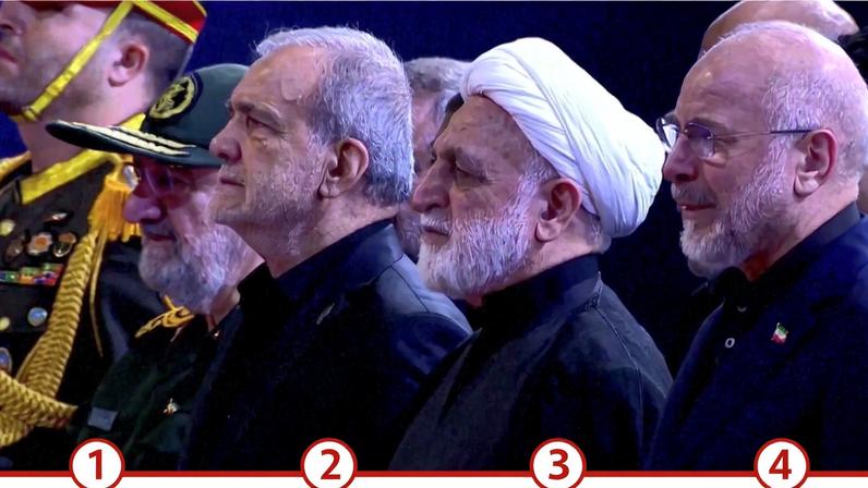 Infográfico mostra quem são as autoridades do governo do Irã que choraram perante o caixão de Ali Khamenei durante funeral em 3 de julho de 2026. — Foto: Juan Silva/Arte g1