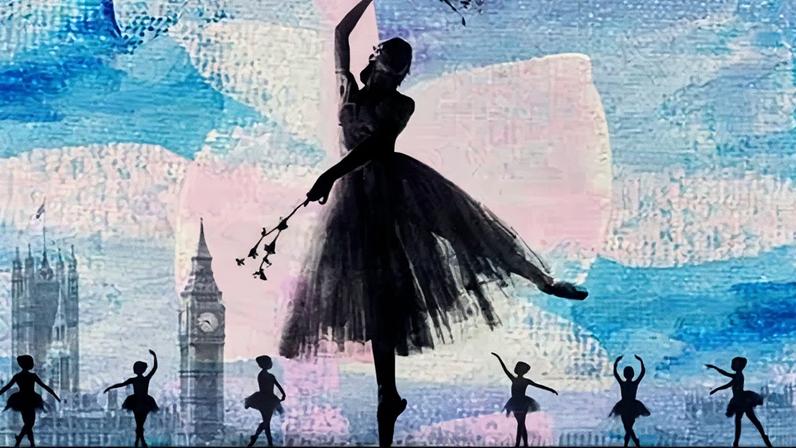 An illustration of a large ballerina silhouette standing on a bridge with Big Ben and smaller dancer silhouettes against a blue and pink sky