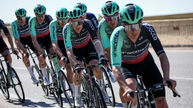 Paul Seixas (centre) and his Decathlon CMA CGM team on a training ride in Barcelona before Saturday’s Grand Départ. ‘It is more about questions than fears,’ the 19-year-old Frenchman said of his Tour de France debut.
