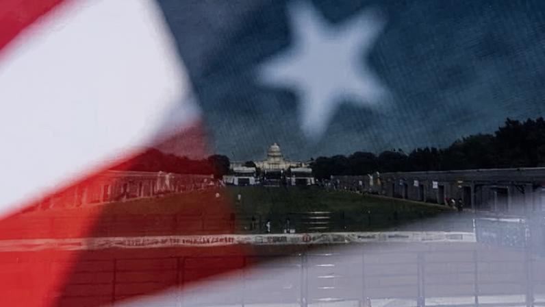 Composite image of National Mall with White House at the end, overlaid with image of US flag.