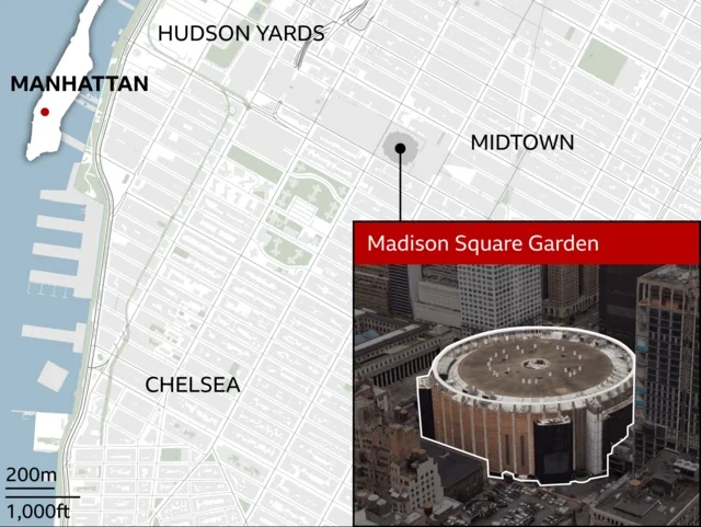 A map of Manhattan highlights the location of Madison Square Garden with a red label and an inset aerial photo of the circular arena. Surrounding neighbourhoods such as Hudson Yards, Midtown, and Chelsea are marked. A scale bar shows 200 meters and 1,000 feet. The source is credited to Google Maps, and the BBC logo appears on the image.