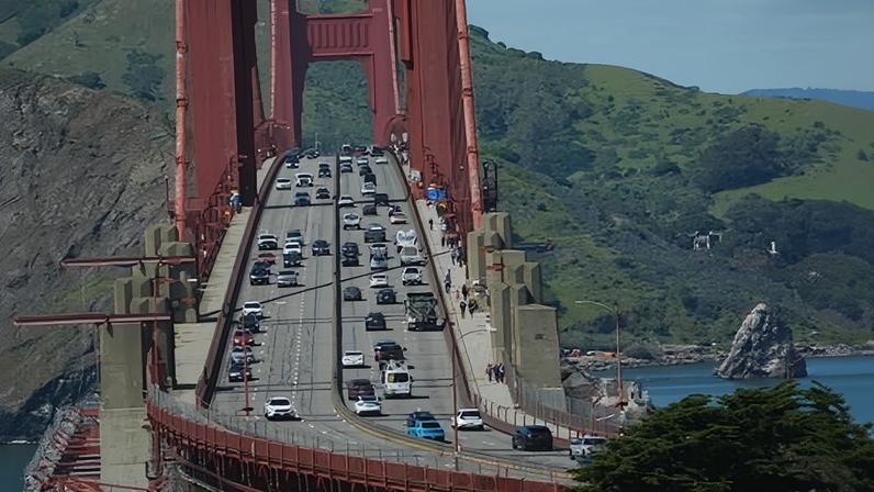The Golden Gate Bridge after it was blocked by protesters in April 2024.