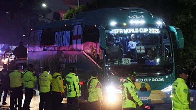 England arrive at their hotel for the last-32 tie at the Azteca Stadium.