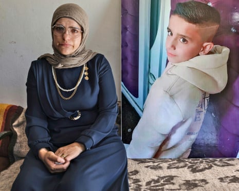 Aliyah al-Halaq beside an image of her late son Mohammad, nine, killed by the IDF last October.
