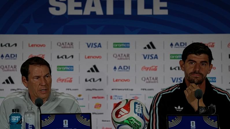 Rudi Garcia, coach of Belgium, and goalkeeper Thibaut Courtois speak to media on Sunday.