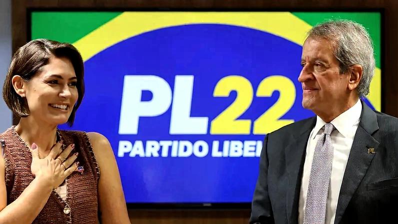 Ex-primeira dama Michelle Bolsonaro e o presidente nacional do PL, Valdemar Costa Neto. (Foto: Beto Barata/PL)