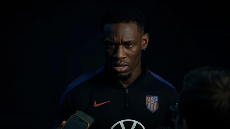 Folarin Balogun speaks to media before training on Friday at the University of Washington in Seattle.