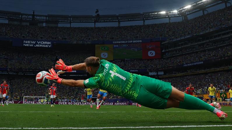 Soccer Football - FIFA World Cup 2026 - Round of 16 - Brazil v Norway - New York New Jersey Stadium, East Rutherford, New Jersey, U.S. - July 5, 2026 Brazil's Bruno Guimaraes has his penalty saved by Norway's Orjan Nyland REUTERS/Dylan Martinez