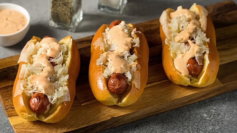Homemade Kansas City Style Reuben Hot Dog with Sauerkraut.