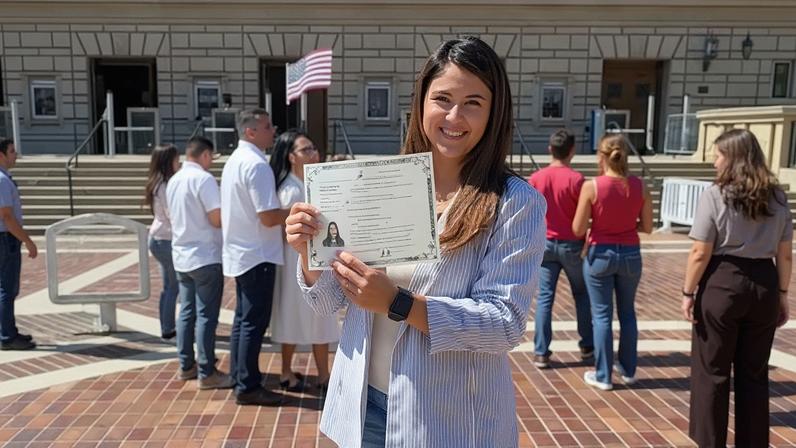 Yesica McKeone at her citizenship ceremony at the convention center in Pasadena, California, on 16 June.