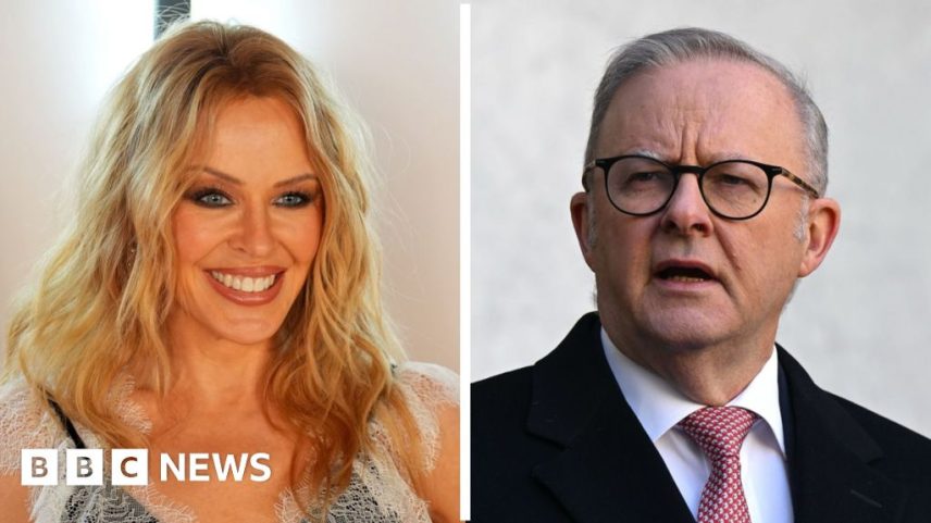 Split-screen showing a close-up of Kylie Minogue smiling on the left and Anthony Albanese on the right