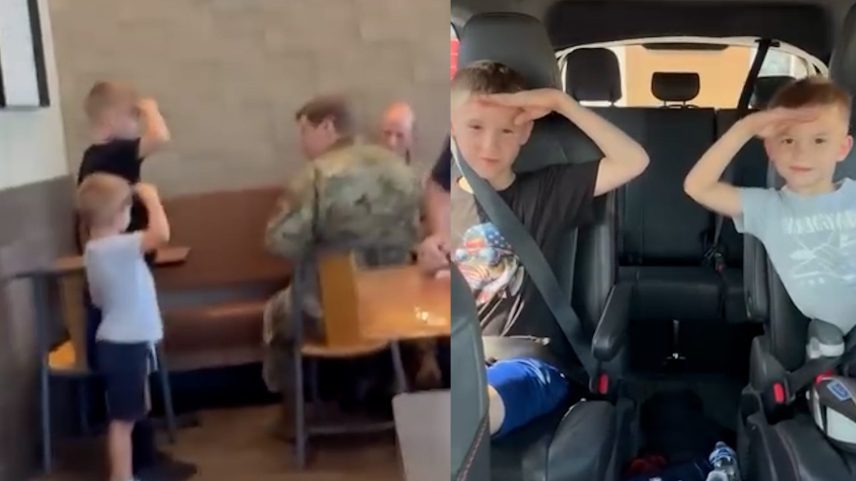 Harrison and Oscar Kunz thank two soldiers at a Panda Express in Pooler, Georgia.