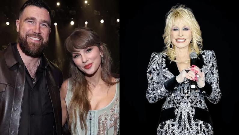 Dolly Parton (direita) agradece os noivos Taylor Swift e Travis Kelce (esquerda) por doação generosa à instituição filantrópica de leitura (Fotos: Kevin Mazur/Kevin Mazur/Getty Images for iHeartRadio e Jason Kempin/Getty Images)