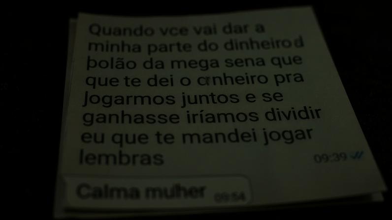 Mensagem entre parceiros mostra cobrança de mulher pelo dinheiro da Mega-Sena