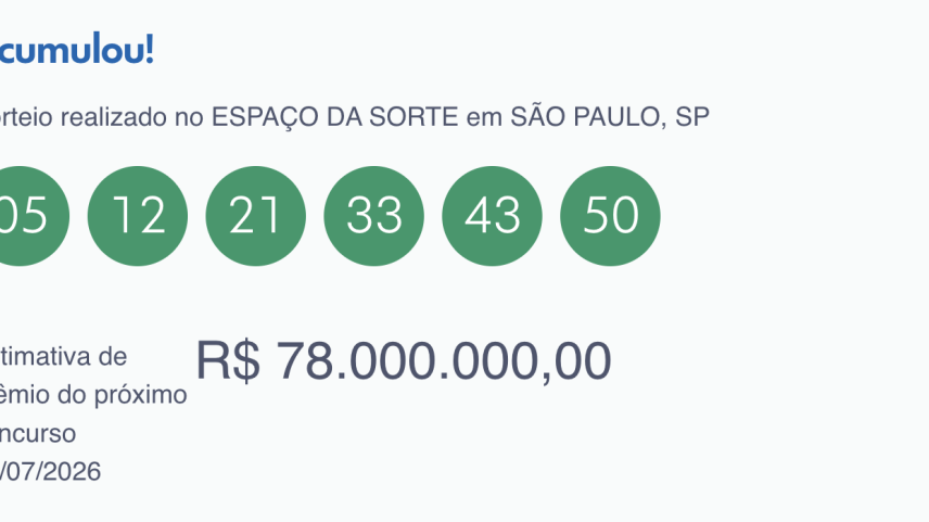 Mega-Sena acumula e próximo prêmio chega a R$ 78 milhões