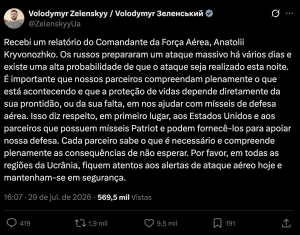 Tweet do Presidente da Ucrância que solicita a Aliados o fornecimento de mísseis 