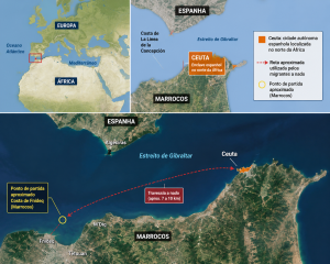 Mapa mostra onde fica Ceuta, cidade autónoma da Espanha situada na margem africana da desembocadura oriental do estreito de Gibralta | Gerado por IA