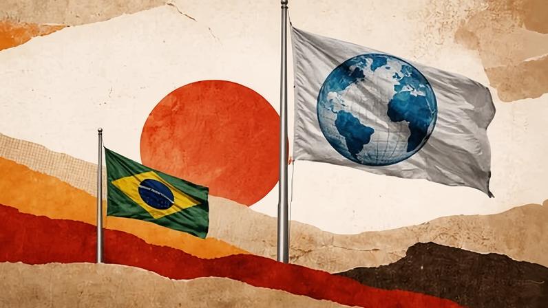 Ilustração de uma bandeira do Brasil pequena ao lado de uma grande bandeira do mundo