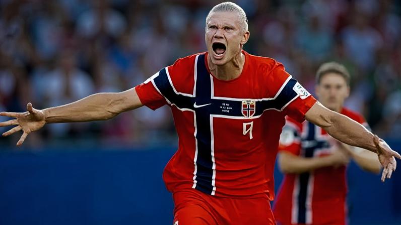 Haaland comemora um dos gols que marcou na goleada da Noruega sobre o Iraque