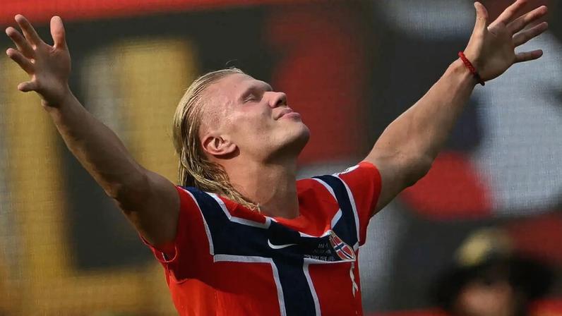 Erling Haaland celebrates scoring against Brazil