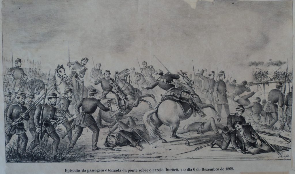 Gravura histórica em preto e branco mostra soldados a pé e a cavalo durante a passagem e tomada da ponte sobre o arroio Itororó, na Guerra do Paraguai, em 6 de dezembro de 1868