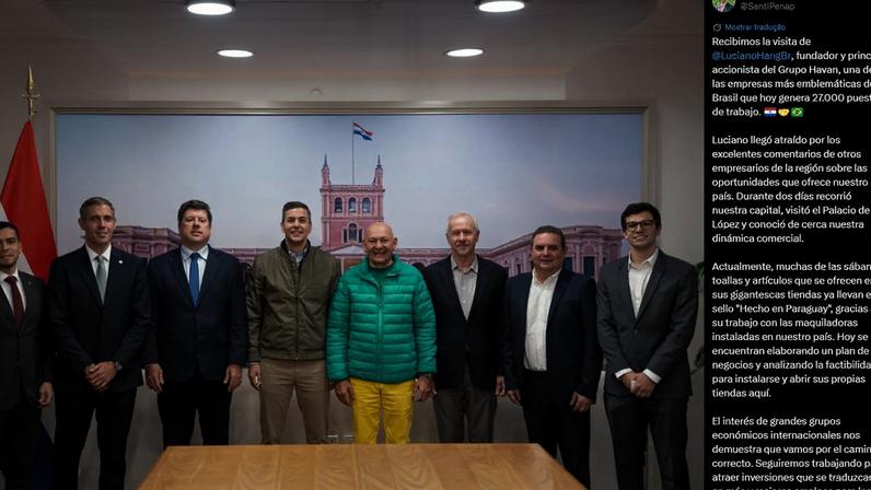 Luciano Hang, ao centro, visitou o presidente do Paraguai, Santiago Peña, e avalia abertura de lojas da Havan no país vizinho. (Foto: Reprodução / X / Santiago Peña)