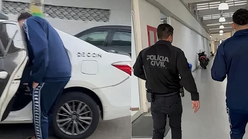 Jogador investigado na terceira fase da Operação VAR é conduzido por agentes da Polícia Civil para prestar esclarecimentos na Decon, no Rio de Janeiro.